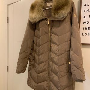 Michael Kors Brown Faux Fur Trim Down Puffer Coat